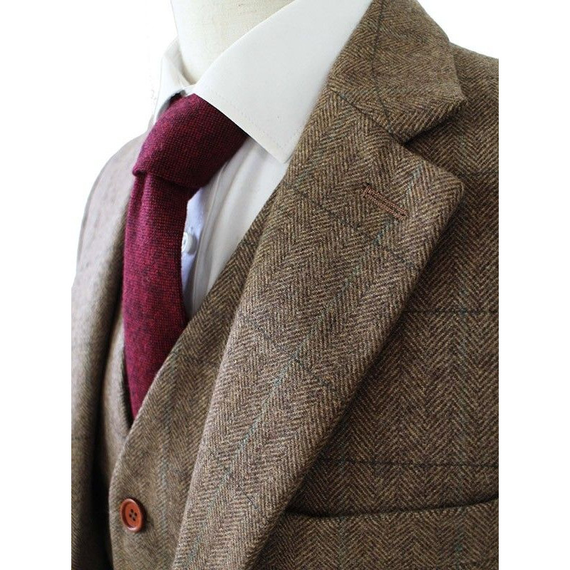 Tailor Made Slim Fit Suits For Men Retro Wool Brown Herringbone Tweed